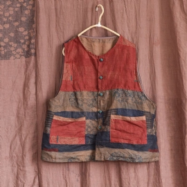 Vrouwen Retro Patchwork Linnen Los Vest