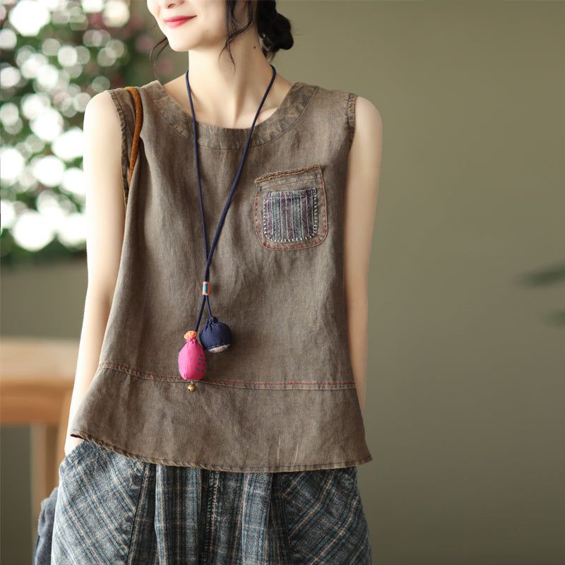 Vrouwen Retro Patchwork Pocket Linnen Zomer Vest