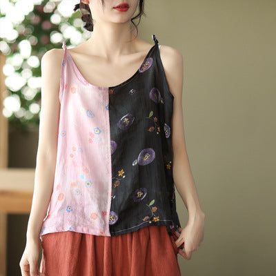 Vrouwen Zomer Bloemen Patchwork Linnen Vest