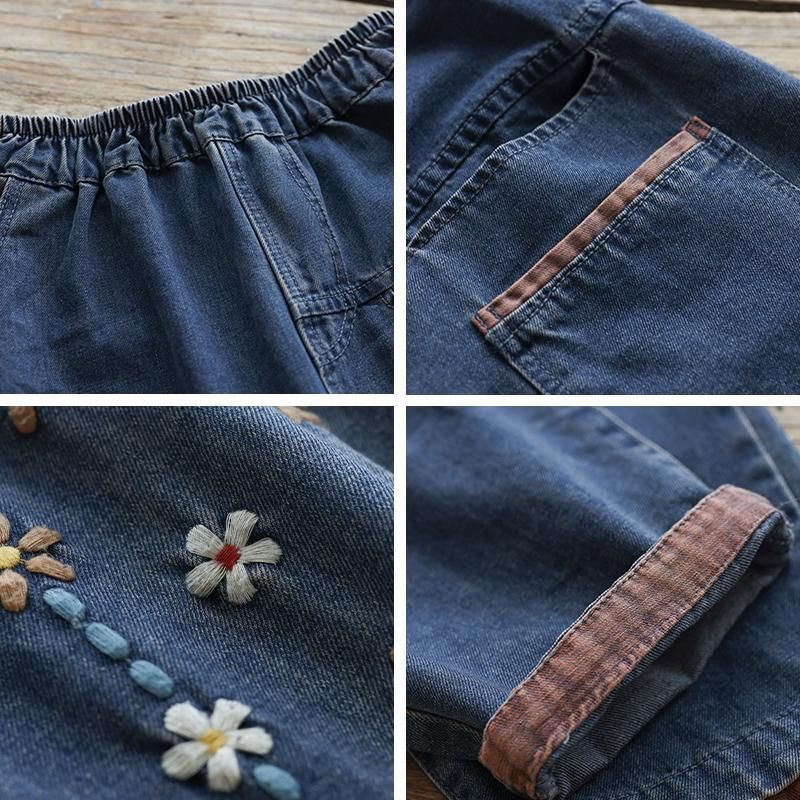 Bloemenborduurwerk Losse Retro Casual Katoenen Denim Broek