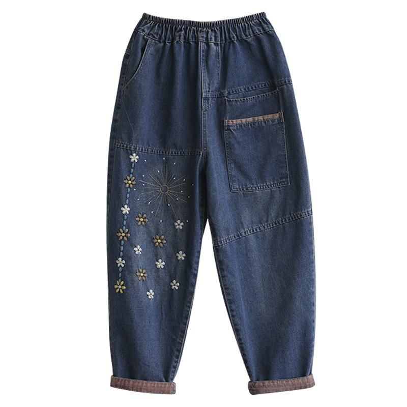 Bloemenborduurwerk Losse Retro Casual Katoenen Denim Broek