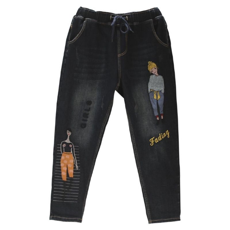 Cartoon Patroon Gewassen Jeans