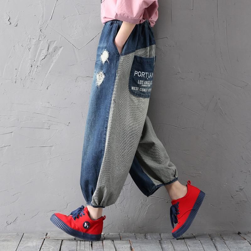 Dames Losse Denim Broek Gewassen Gaten Stiksels Lente Herfst