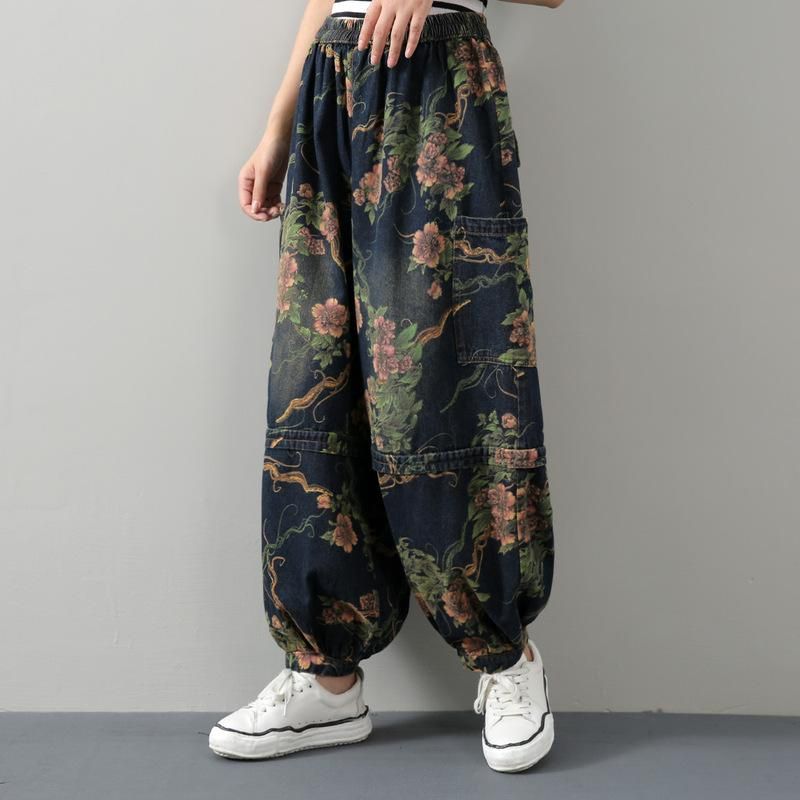 Dames Retro Bloemenprint Katoenen Denim Broek