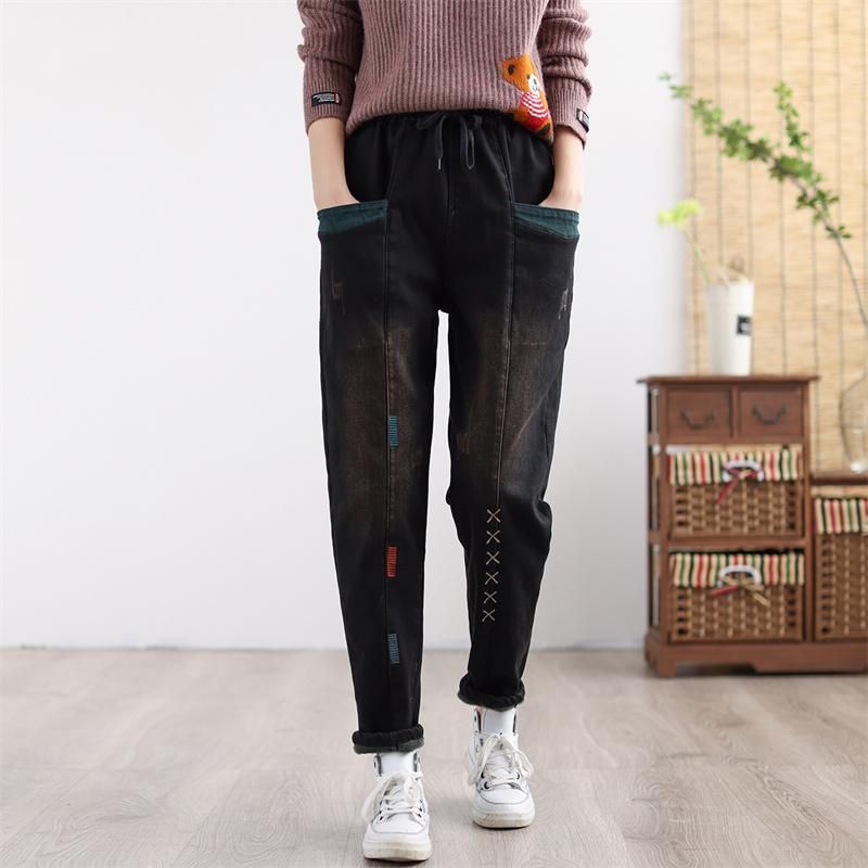 Dames Winter Dikker Retro Geborduurde Elastische Patchwork Jeans