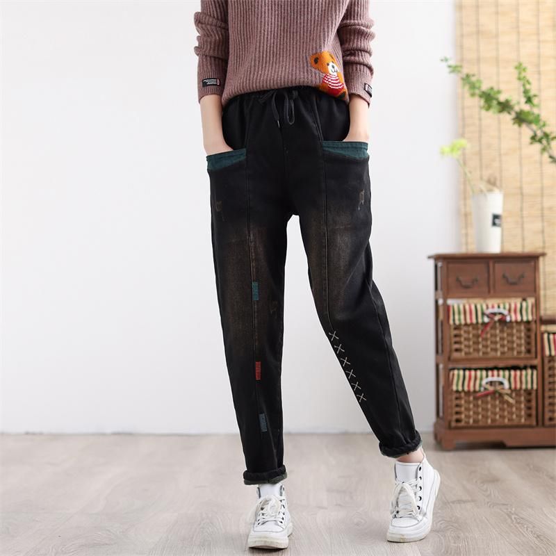 Dames Winter Dikker Retro Geborduurde Elastische Patchwork Jeans