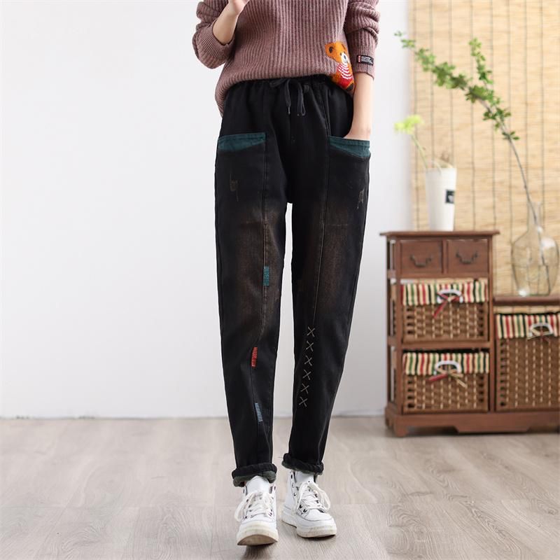 Dames Winter Dikker Retro Geborduurde Elastische Patchwork Jeans