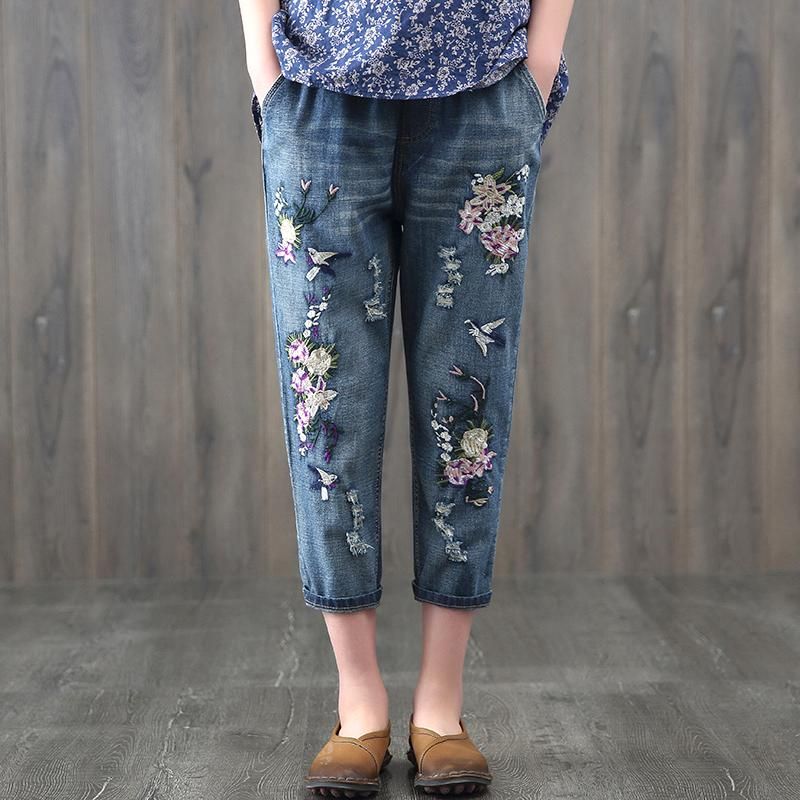 Etnische Elastische Taille Geborduurde Bloemenjeans