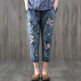 Etnische Elastische Taille Geborduurde Bloemenjeans