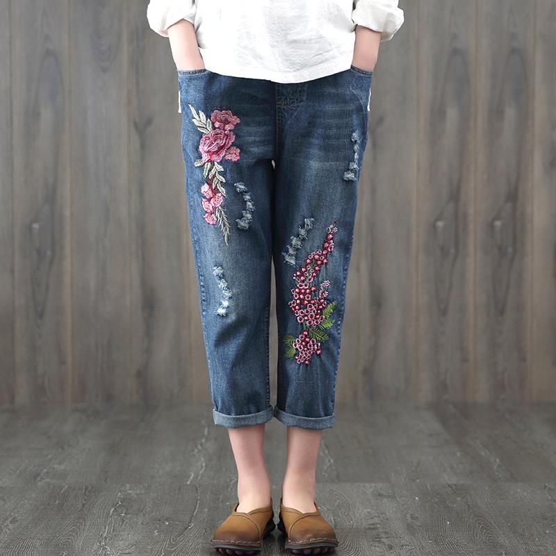 Etnische Elastische Taille Geborduurde Bloemenjeans