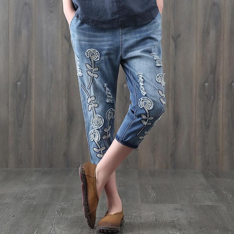 Etnische Elastische Taille Geborduurde Bloemenjeans