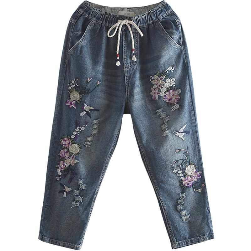 Etnische Elastische Taille Geborduurde Bloemenjeans