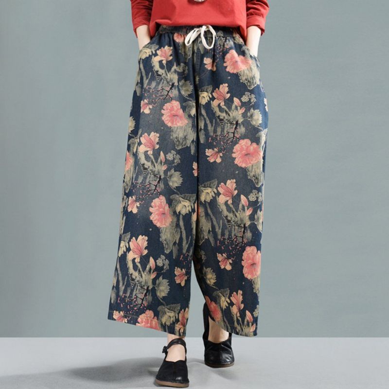 Gebloemde Cropped Wijde Pijpen Denim Broek