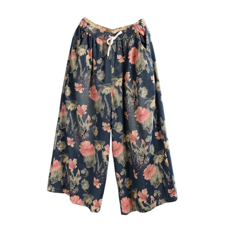 Gebloemde Cropped Wijde Pijpen Denim Broek