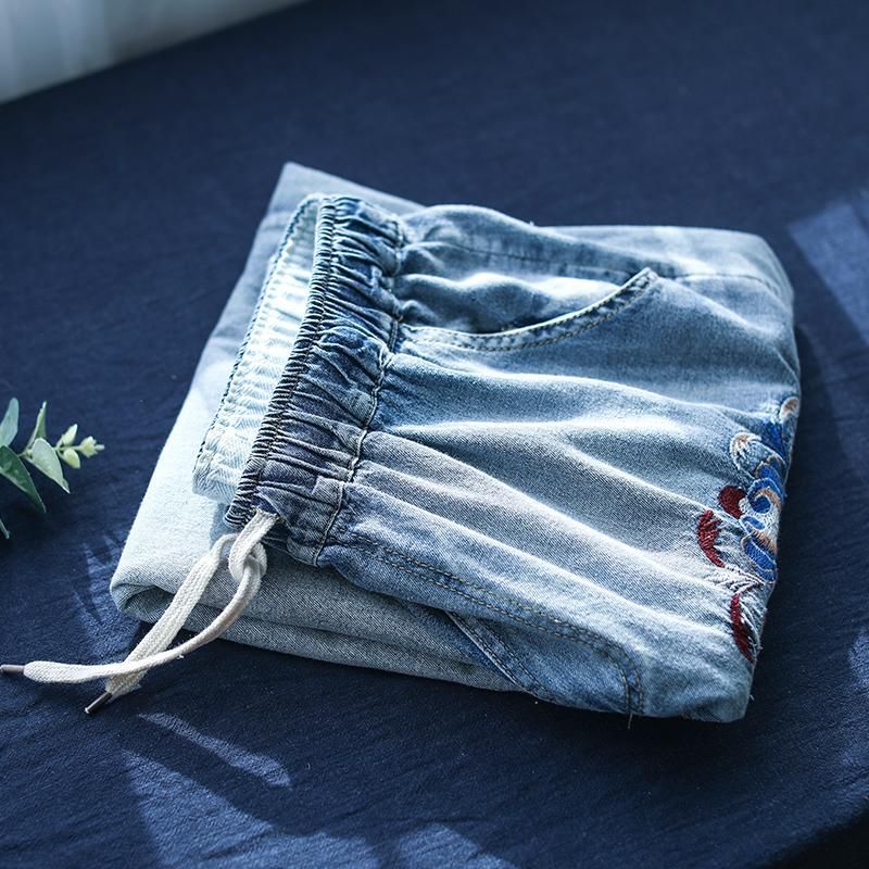 Herfst Vintage Geborduurde Gewassen Gaten Bijgesneden Denim Broek