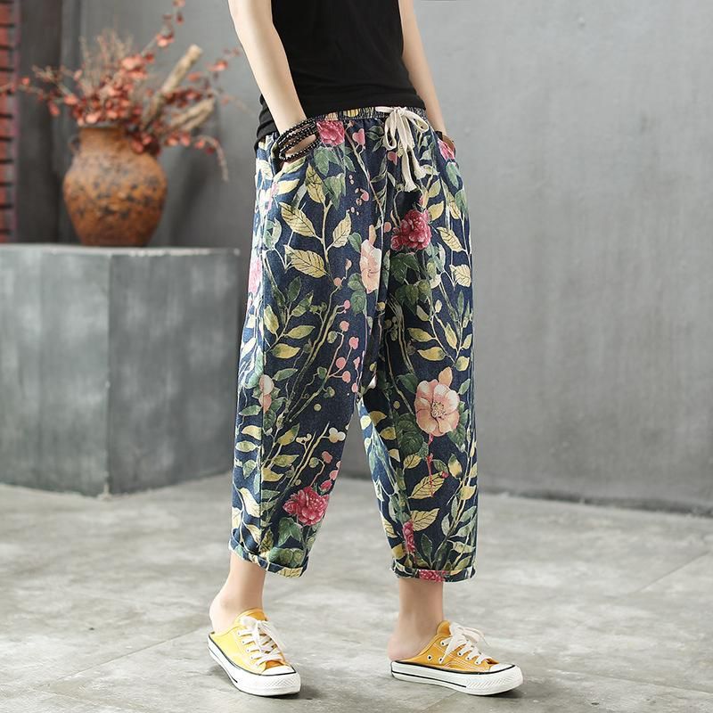 Lente Zomer Losse Bloemenprint Hallen Denim Broek