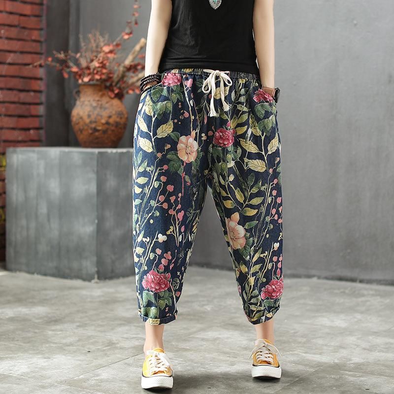 Lente Zomer Losse Bloemenprint Hallen Denim Broek