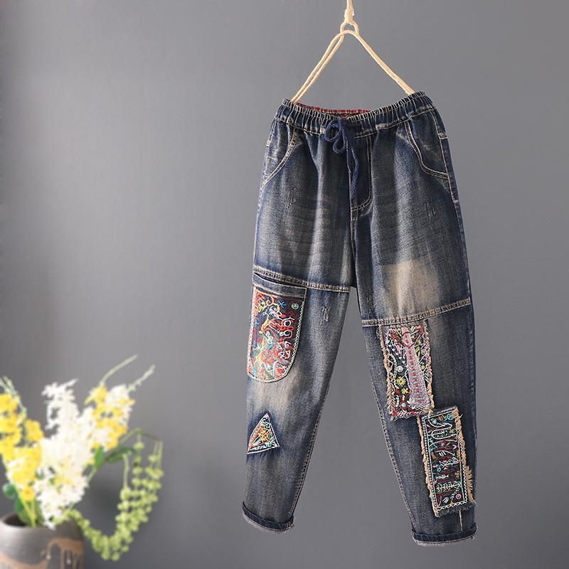 Patch Retro Losse Casual Rechte Denim Broek