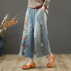 Ragged Jeans Met Geborduurde Elastische Taille