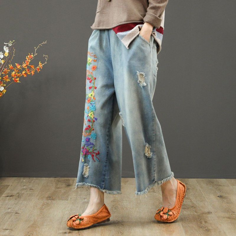 Ragged Jeans Met Geborduurde Elastische Taille