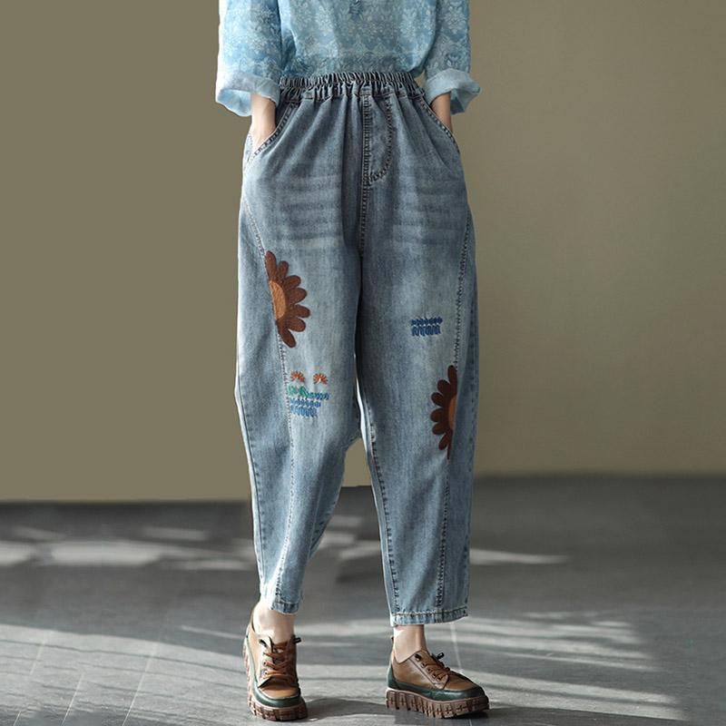 Retro Geborduurde Losse Harem Denim Broek