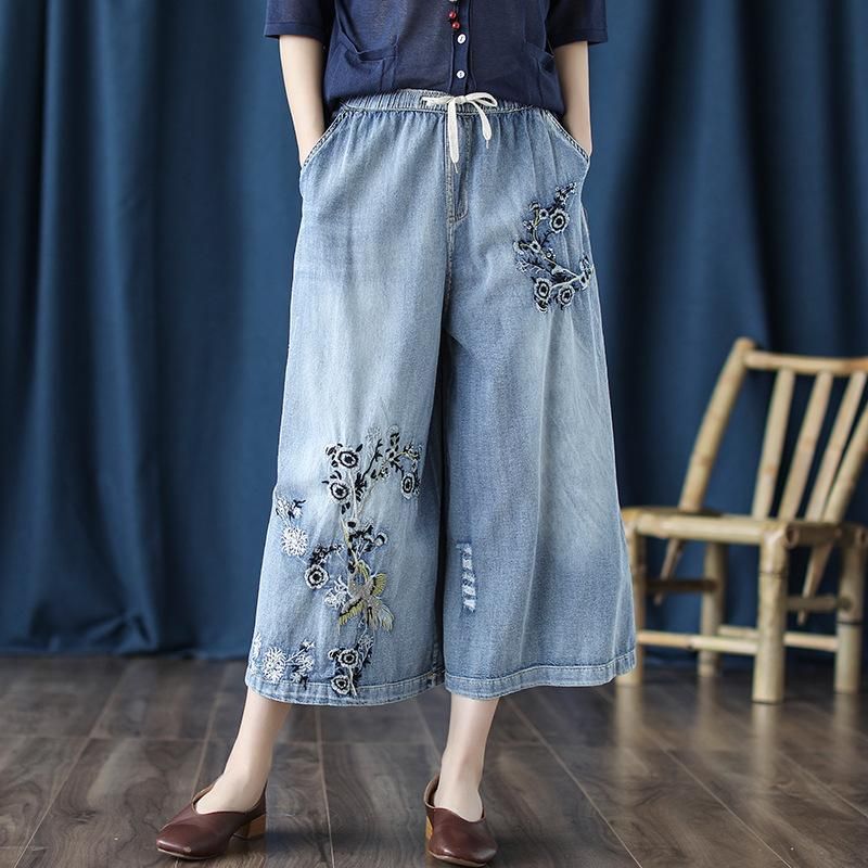 Retro Jeans Geborduurde Cropped Broek Met Wijde Pijpen