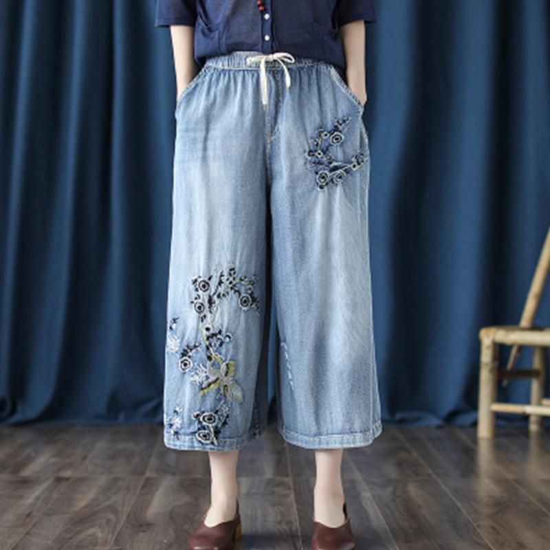 Retro Jeans Geborduurde Cropped Broek Met Wijde Pijpen