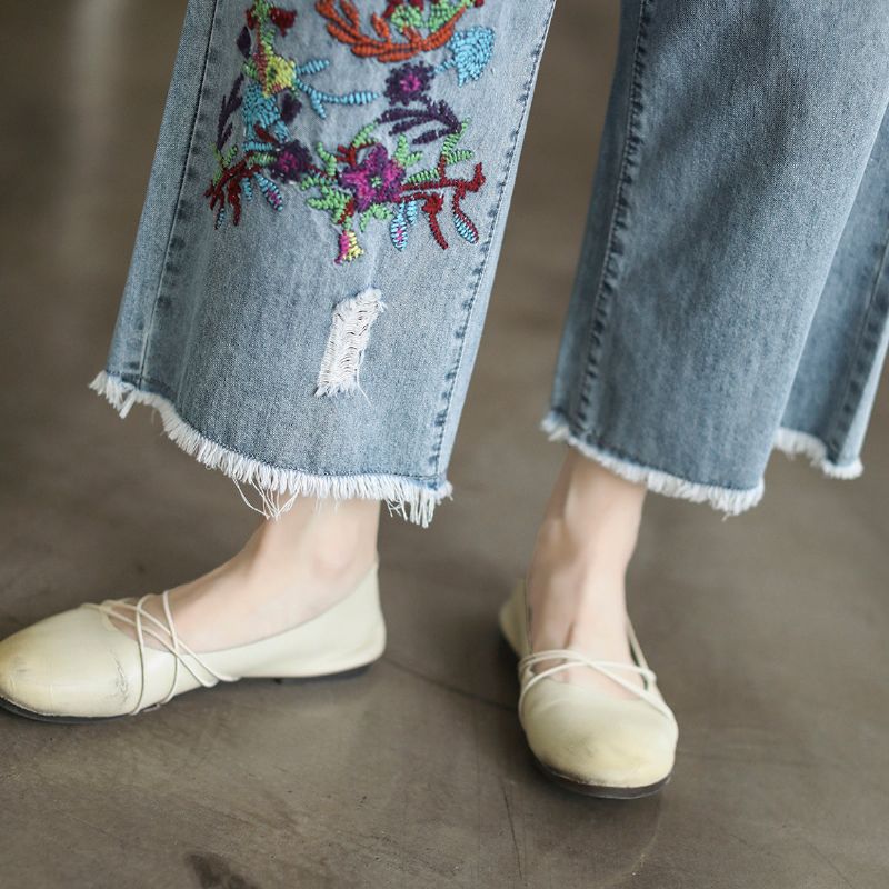 Zomer Retro Bloemenborduurwerk Katoenen Wijde Pijpen Jeans