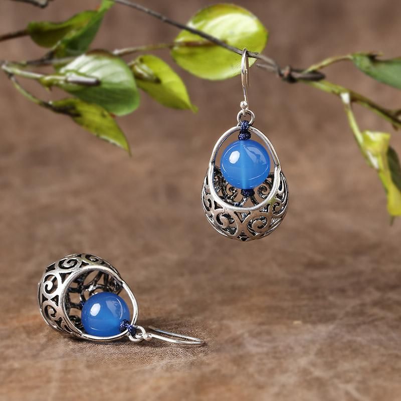 Etnische Stijl Zilveren Oorbellen Blauwe Sieraden