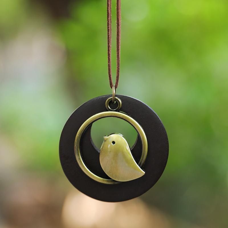 Leuke Metalen Vogelvorm Ronde Houten Hanger Ketting