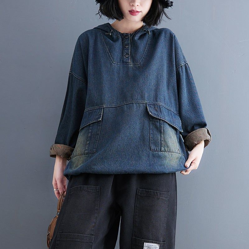 Lente Retro Casual Patchwork Losse Denim Hoodie