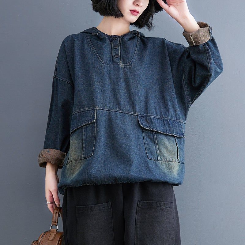 Lente Retro Casual Patchwork Losse Denim Hoodie