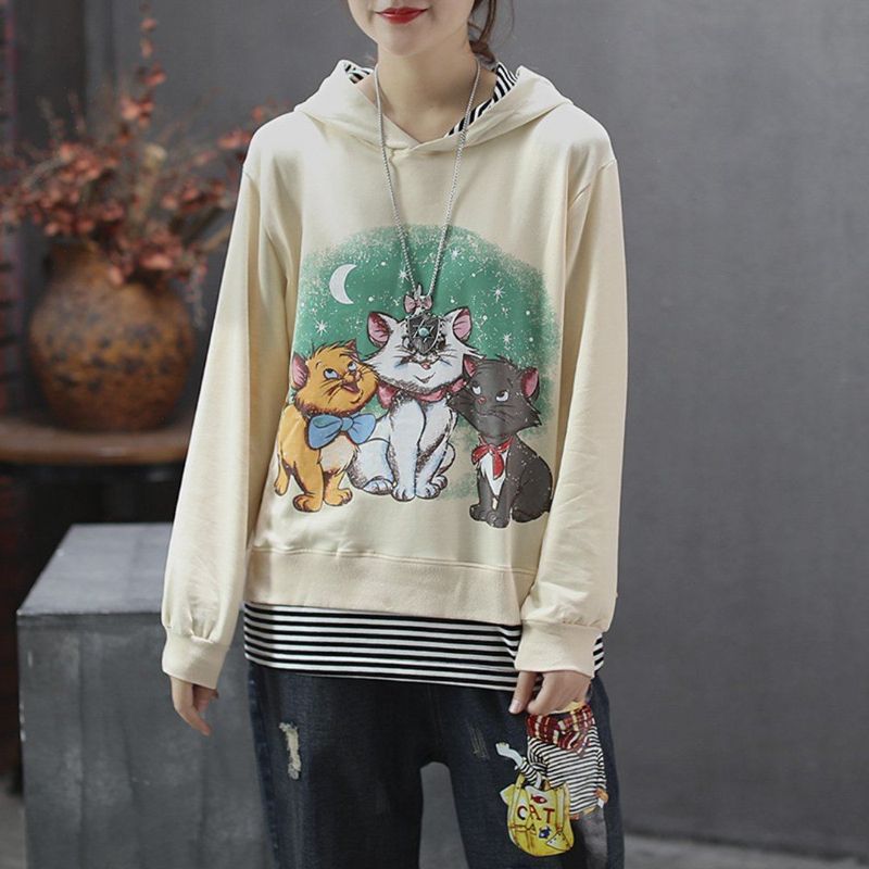 Vrouwen Cartoon Kat Gedrukt Casual Losse Hoodie