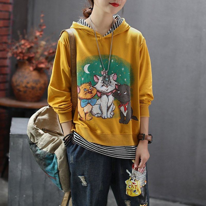 Vrouwen Cartoon Kat Gedrukt Casual Losse Hoodie