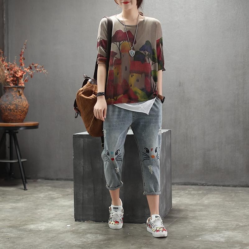 Comfortabel Los T-shirt Met Halve Mouwen En Print