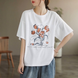 Dames Zomer Losse Retro Bloemen Katoenen T-shirt