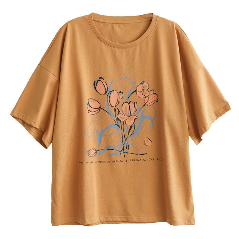 Dames Zomer Losse Retro Bloemen Katoenen T-shirt