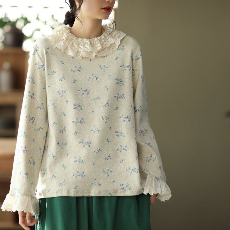 Lente Retro Lace Bloemen T-shirt Met Wijd Uitlopende Mouwen