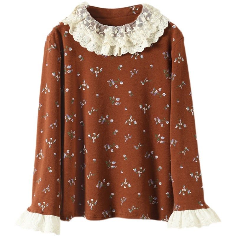 Lente Retro Lace Bloemen T-shirt Met Wijd Uitlopende Mouwen