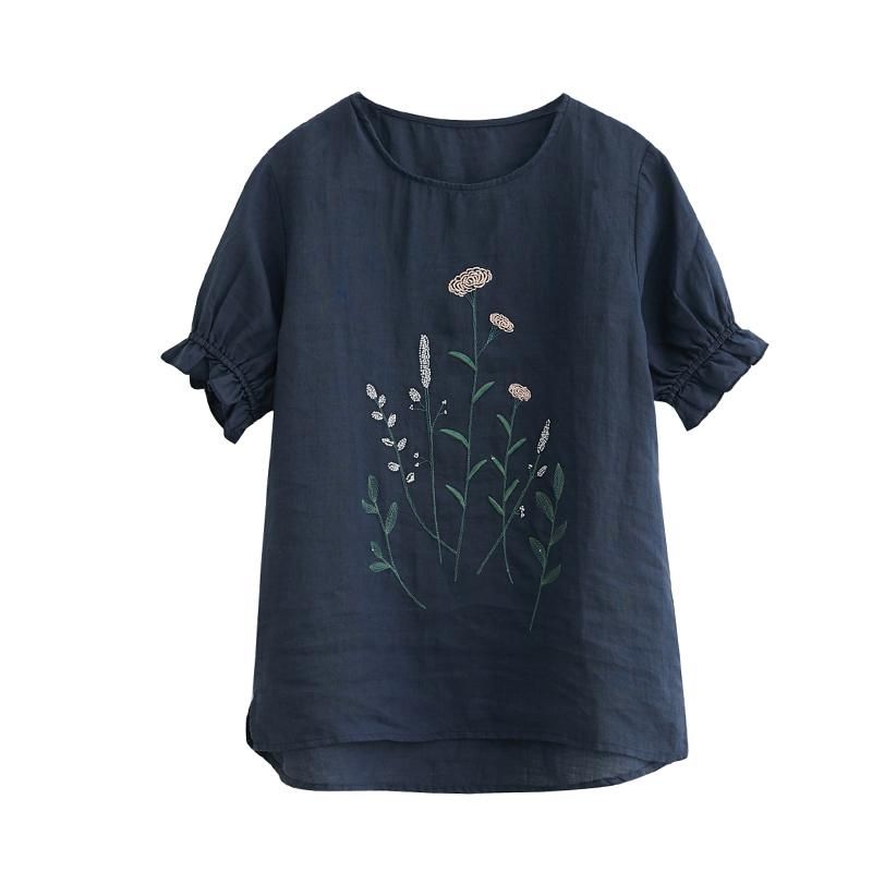 Lente Zomer Losse Casual Bloemen Borduurwerk Linnen T-shirt