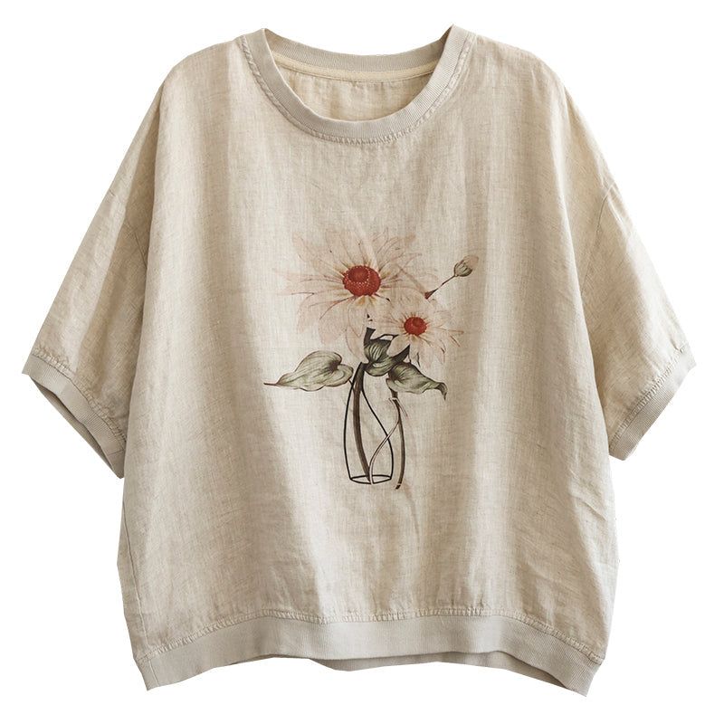 Plus Maat Dames Zomer Retro Bloemen Linnen Los T-shirt