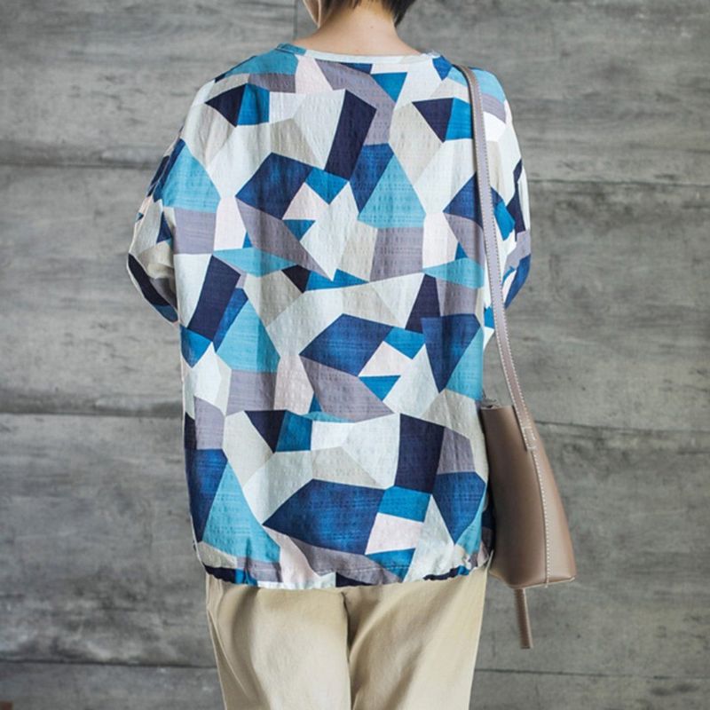 T-shirtblouse Van Katoen En Linnen Met Geometrische Print En Trekkoord