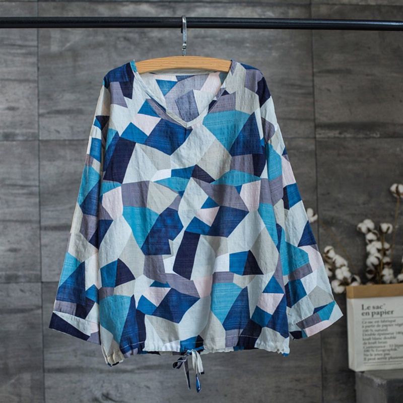 T-shirtblouse Van Katoen En Linnen Met Geometrische Print En Trekkoord