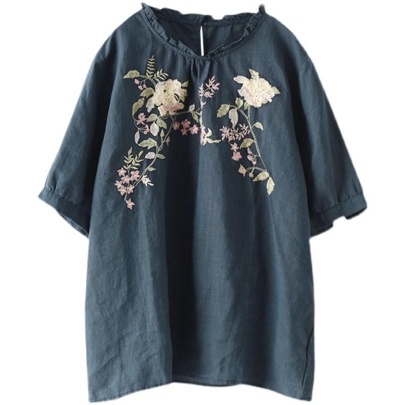 Vrouwen Retro Bloemen Borduurwerk Pullover Linnen T-shirt