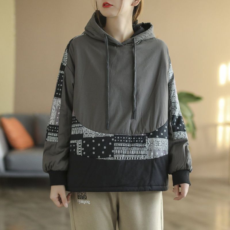 Losse Winter Retro Patchwork Katoenen Gewatteerde Linnen Hooded Sweater