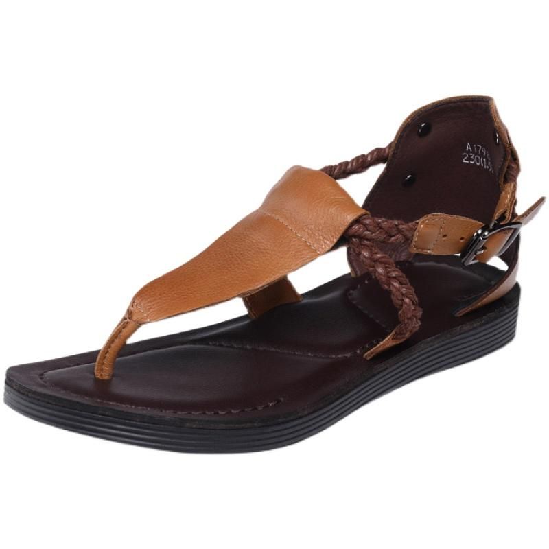 Clip Toe Gesp Platte Hak Handgemaakte Lederen Sandalen