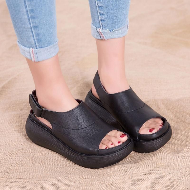 Dames Casual Peep Toe Platform Leren Velcro Sandalen