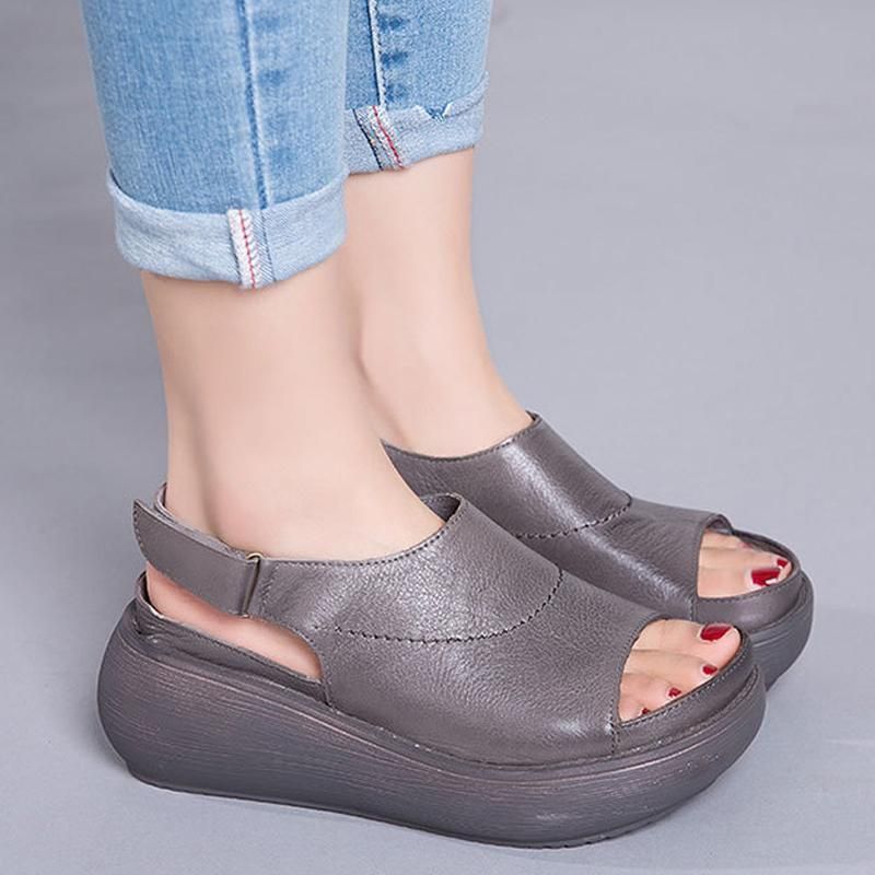 Dames Casual Peep Toe Platform Leren Velcro Sandalen