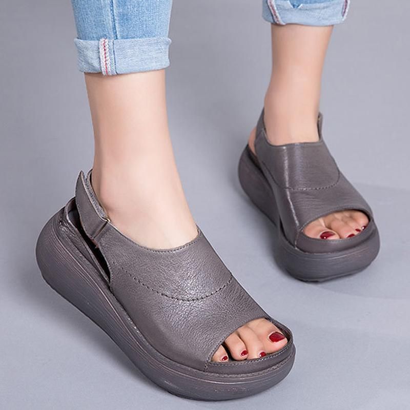 Dames Casual Peep Toe Platform Leren Velcro Sandalen