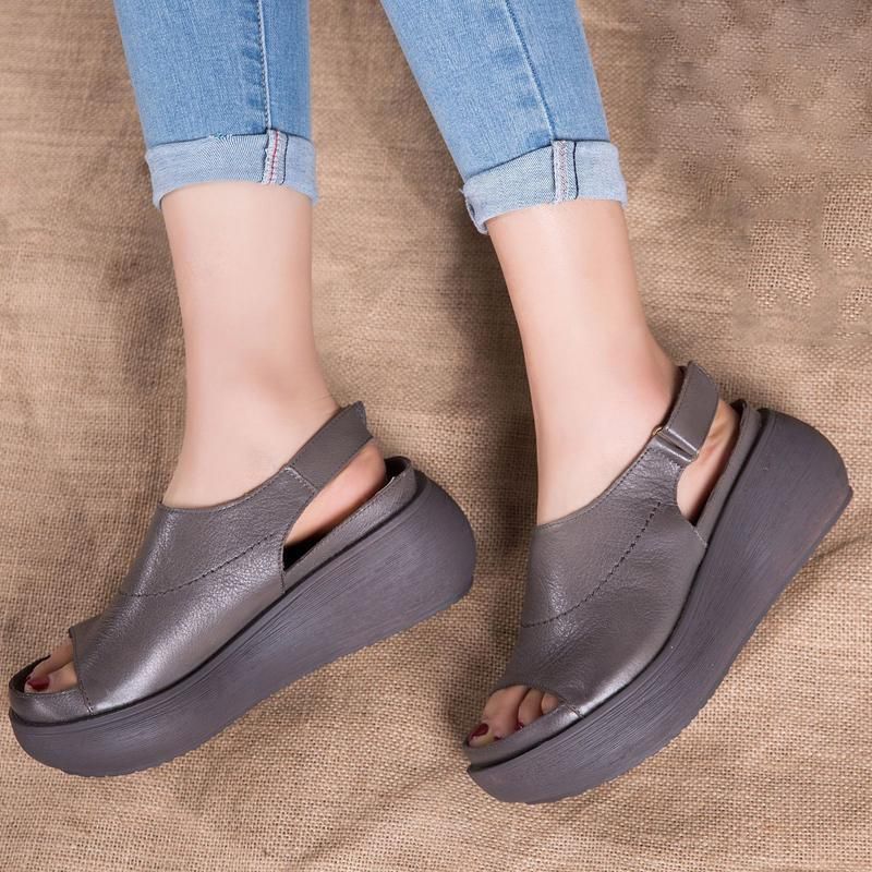 Dames Casual Peep Toe Platform Leren Velcro Sandalen